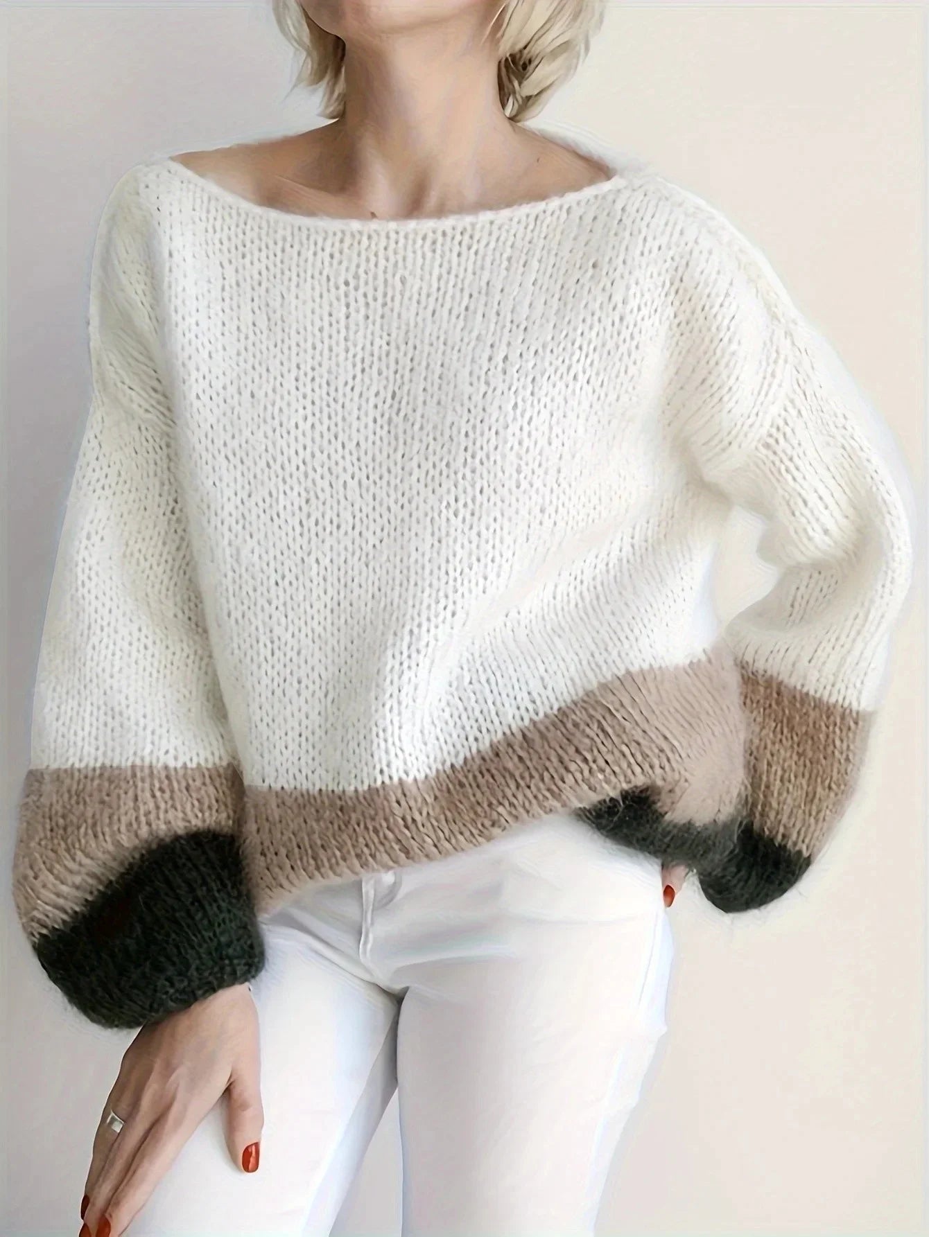 Pull Femme Col Rond Bicolore Ample Color Block Tricot Doux S-XL | MDN Store