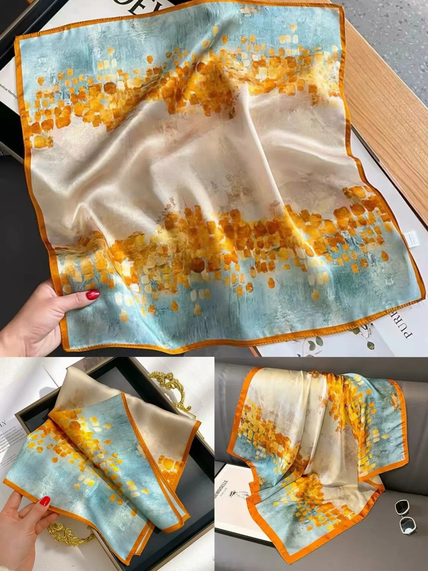 Foulard Carré Soie Géométrique Bleu Blanc 70cm Femme | MDN Store