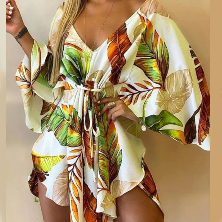 Robe Kimono Plage Femme Imprime Floral Col en V Manches Chauve-Souris | MDN Store 25