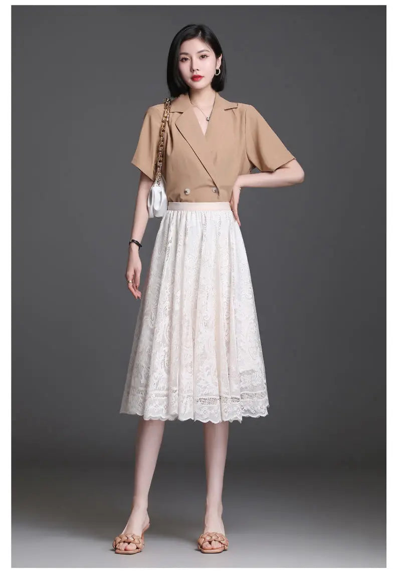 Jupe Longue Dentelle Plissée Taille Haute | MDN Store