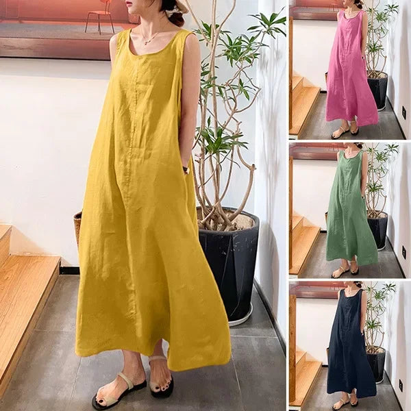 Robe Longue Lin Coton Sans Manches Poches Été | MDN Store