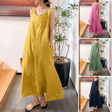 Robe Longue Lin Coton Sans Manches Poches Été | MDN Store