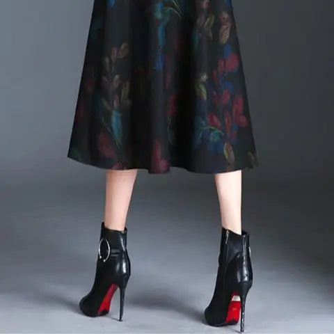 Jupe Midi Femme Laine Imprimée Taille Haute - Automne Hiver A-line | MDN Store