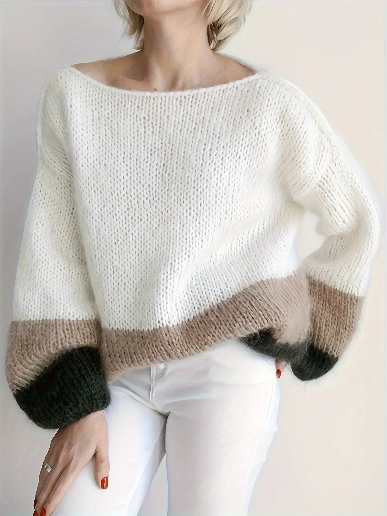 Pull Femme Col Rond Bicolore Ample Color Block Tricot Doux S-XL | MDN Store