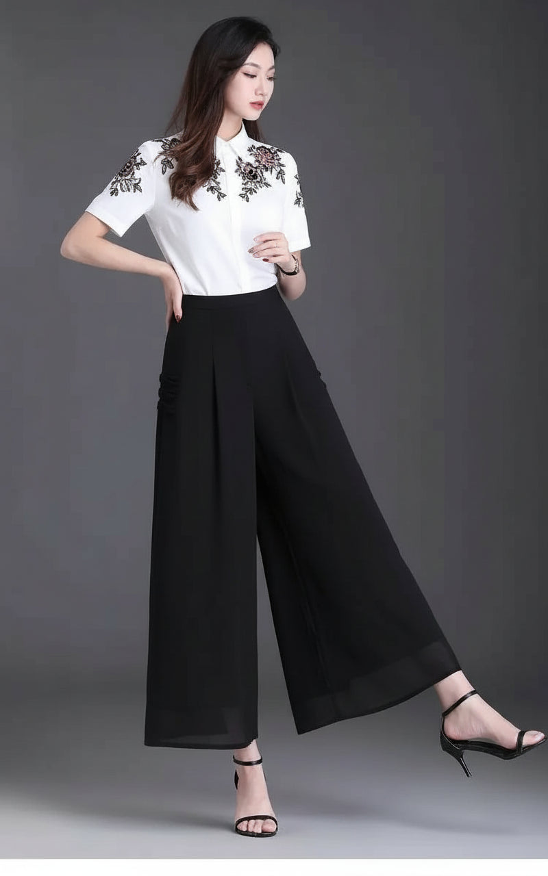 Pantalon Grande Femme Mousseline Floral Noir Jaune | MDN Store