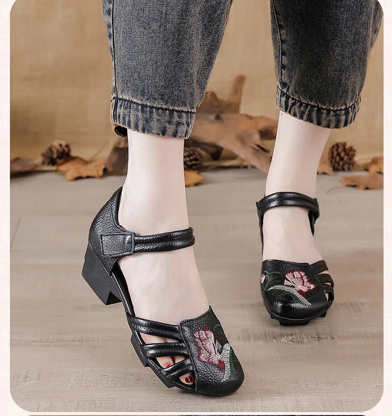 Sandales Talons Carrés Cuir Brodées Lorilury | MDN Store