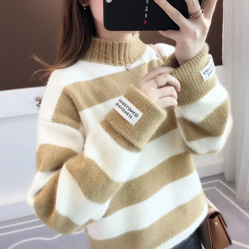 Pull Femme Col Haut Ample Maille Mink Epais 5 Coloris Style Coreen | MDN Store