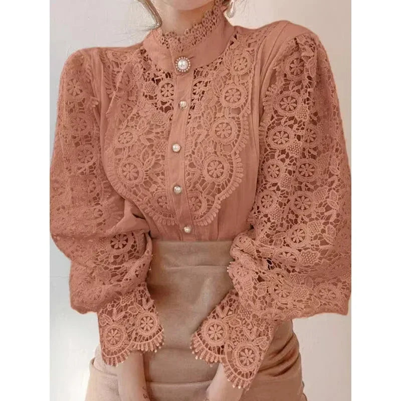 Blouse Femme Col Haut Manches Longues Dentelle | MDN Store