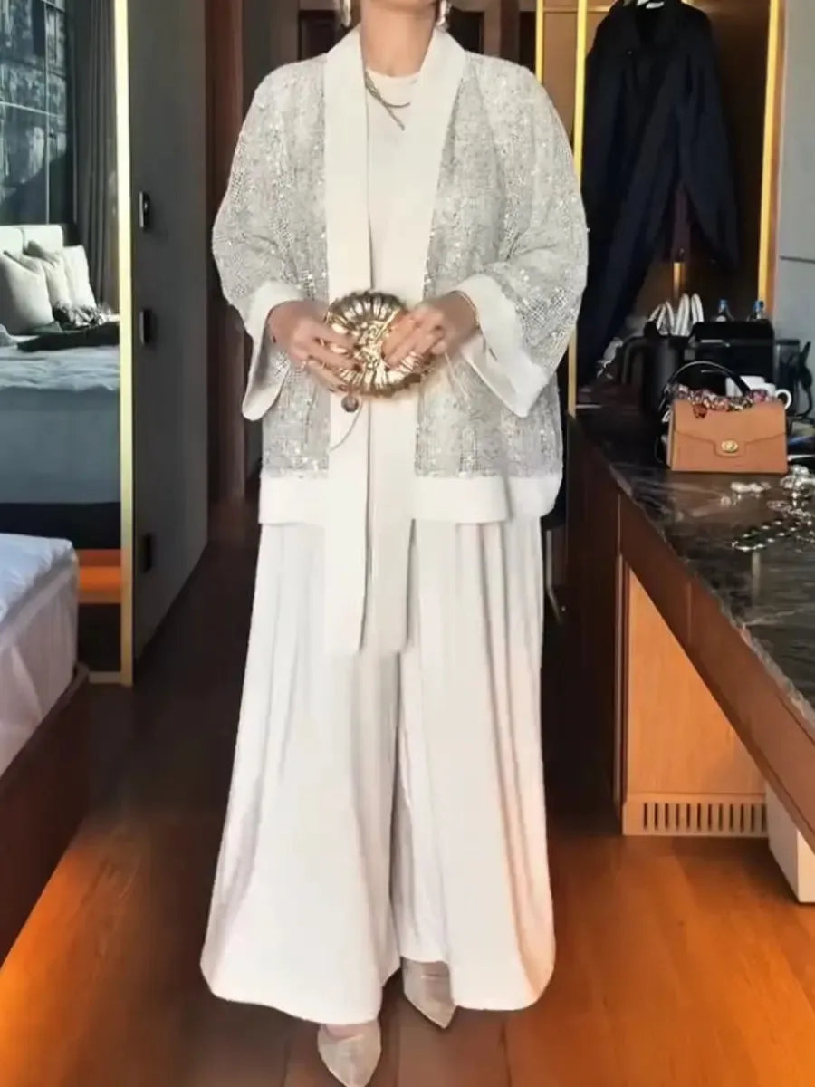 Ensemble 3 Pièces Kimono Sequins Blanc | MDN Store