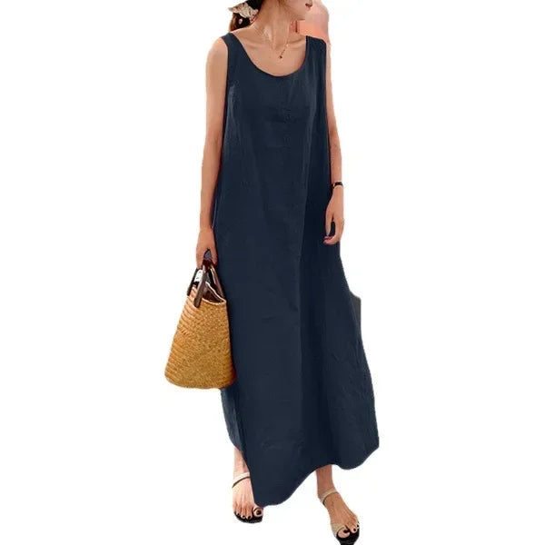Robe Longue Lin Coton Sans Manches Poches Été | MDN Store