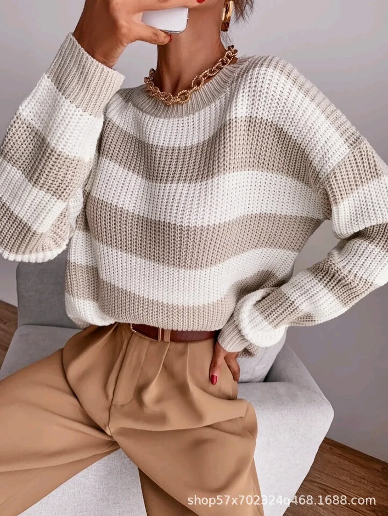 Pull Femme Loose Raye Manches Longues Tricot Epais 2 Coloris | MDN Store
