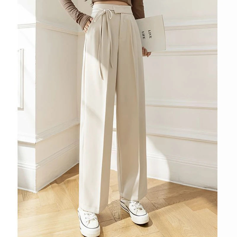 Pantalon Femme Taille Haute Lacets - Jambe Droite Costume Bureau Chic Kaki | MDN Store