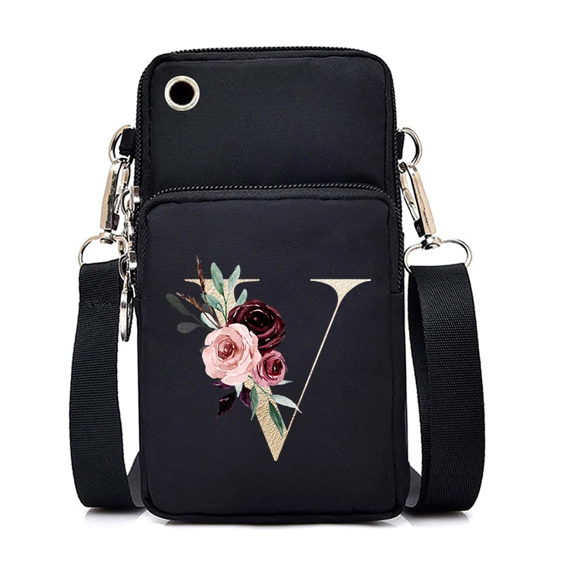 Sac à Main Bandoulière Lettre Initiale Fleurs Roses - Mini Sac Téléphone Femme | MDN