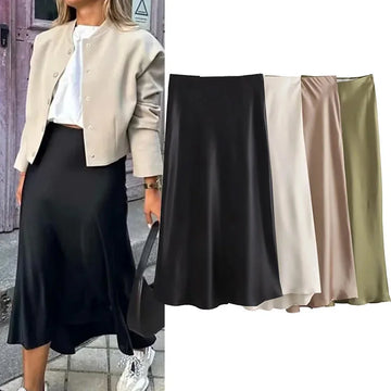 Jupe Longue Satin Femme Taille Haute Elegante Noire | MDN Store 25