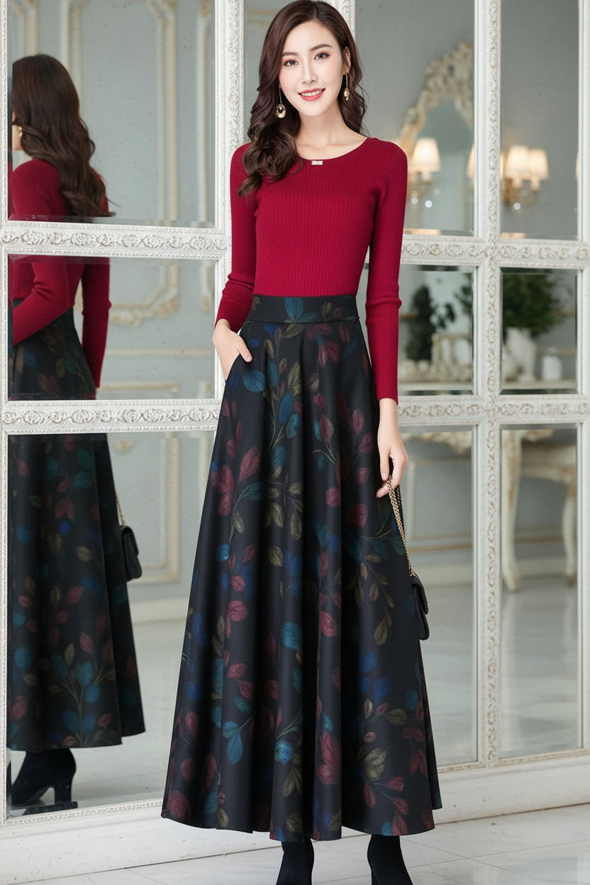 Jupe Midi Femme Laine Imprimée Taille Haute - Automne Hiver A-line | MDN Store