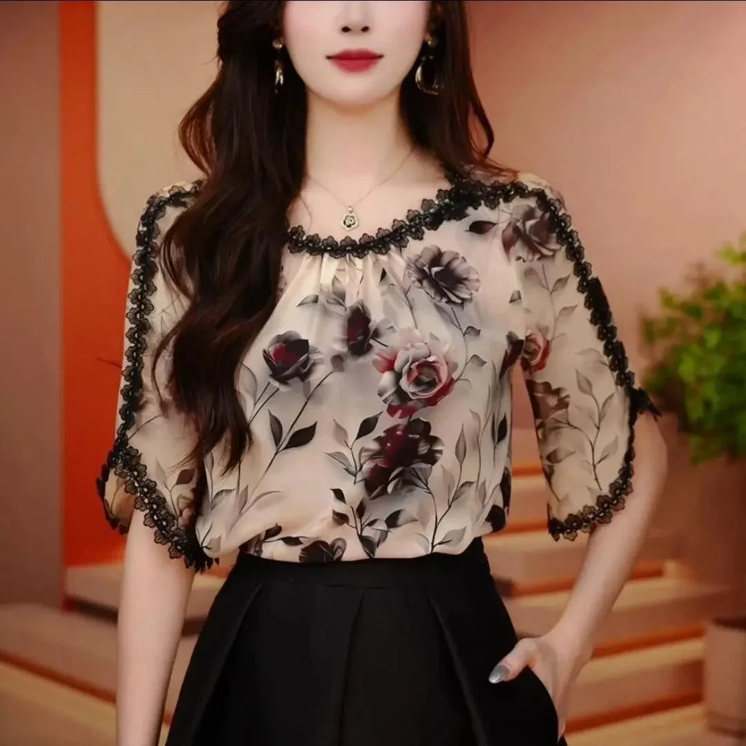 Top Dentelle Manches Courtes Floral Rose | MDN Store