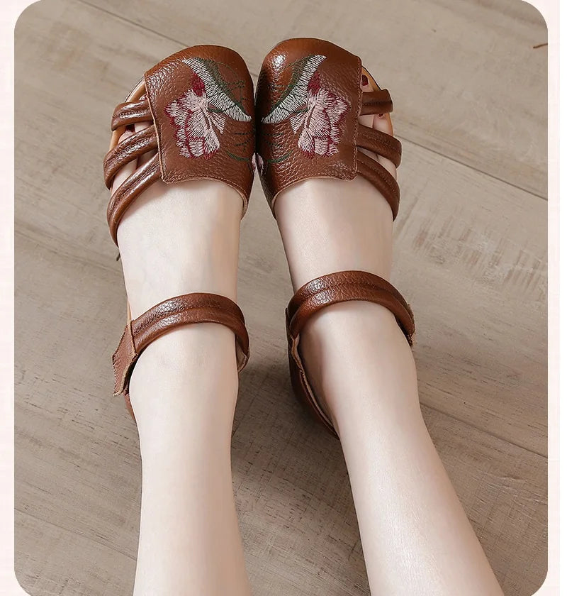 Sandales Talons Carrés Cuir Brodées Lorilury | MDN Store