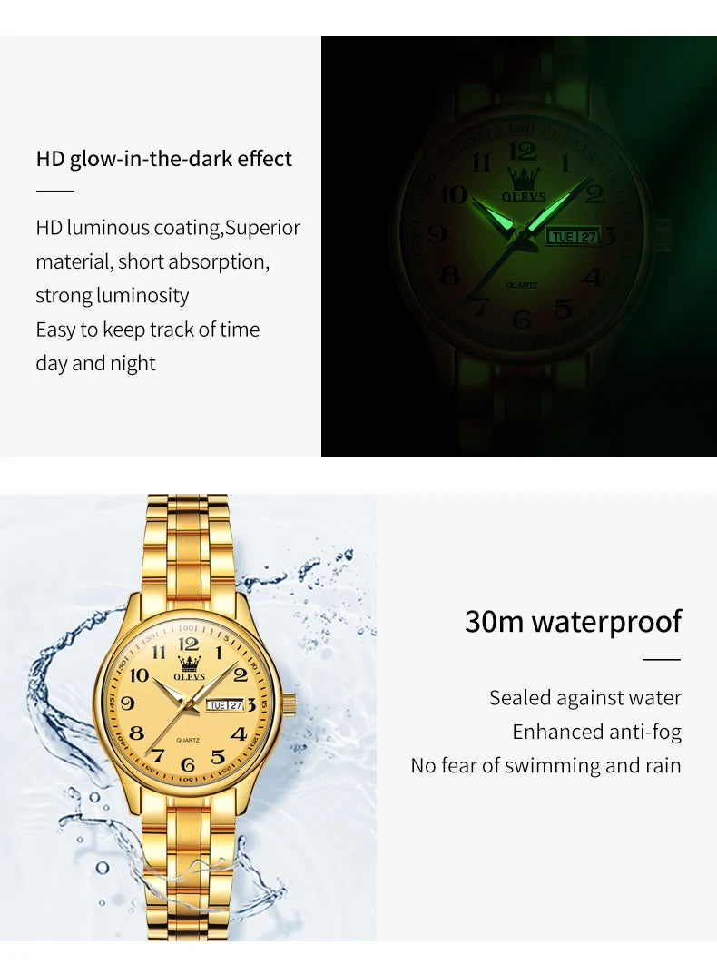 Montre Quartz Femme Elegante Acier Inoxydable Lumineuse Date Semaine | MDN Store 25
