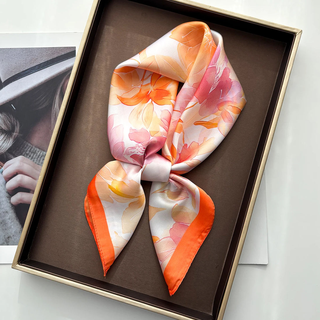 Foulard Carré Soie Floral Orange Femme | MDN Store