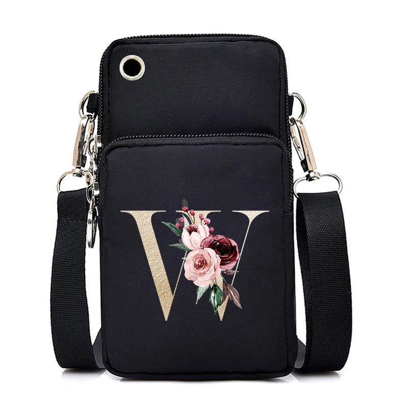 Sac à Main Bandoulière Lettre Initiale Fleurs Roses - Mini Sac Téléphone Femme | MDN