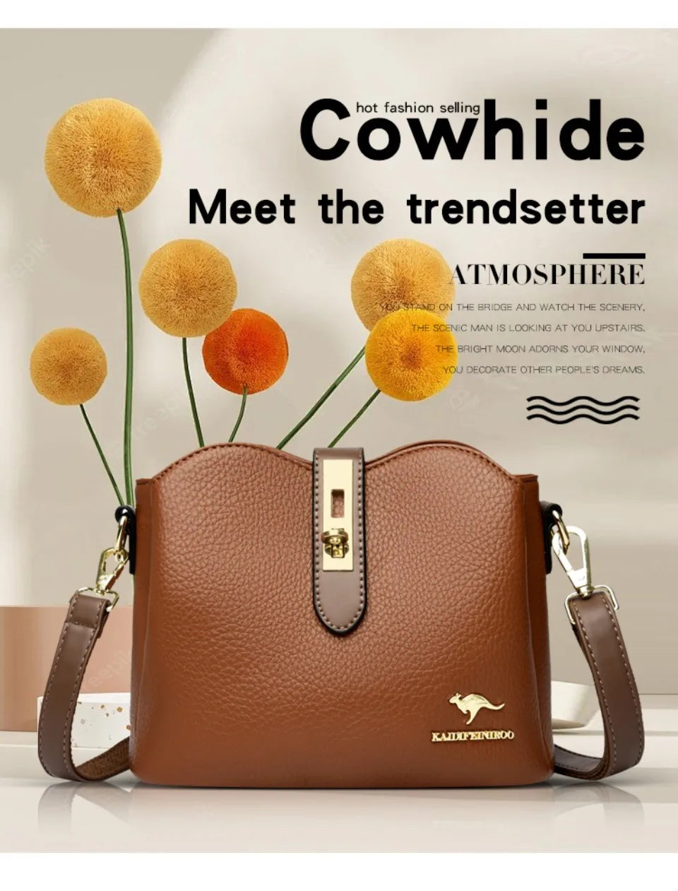 Sac à Main Femme Cuir Véritable Seau Bandoulière Trois Compartiments - MDN