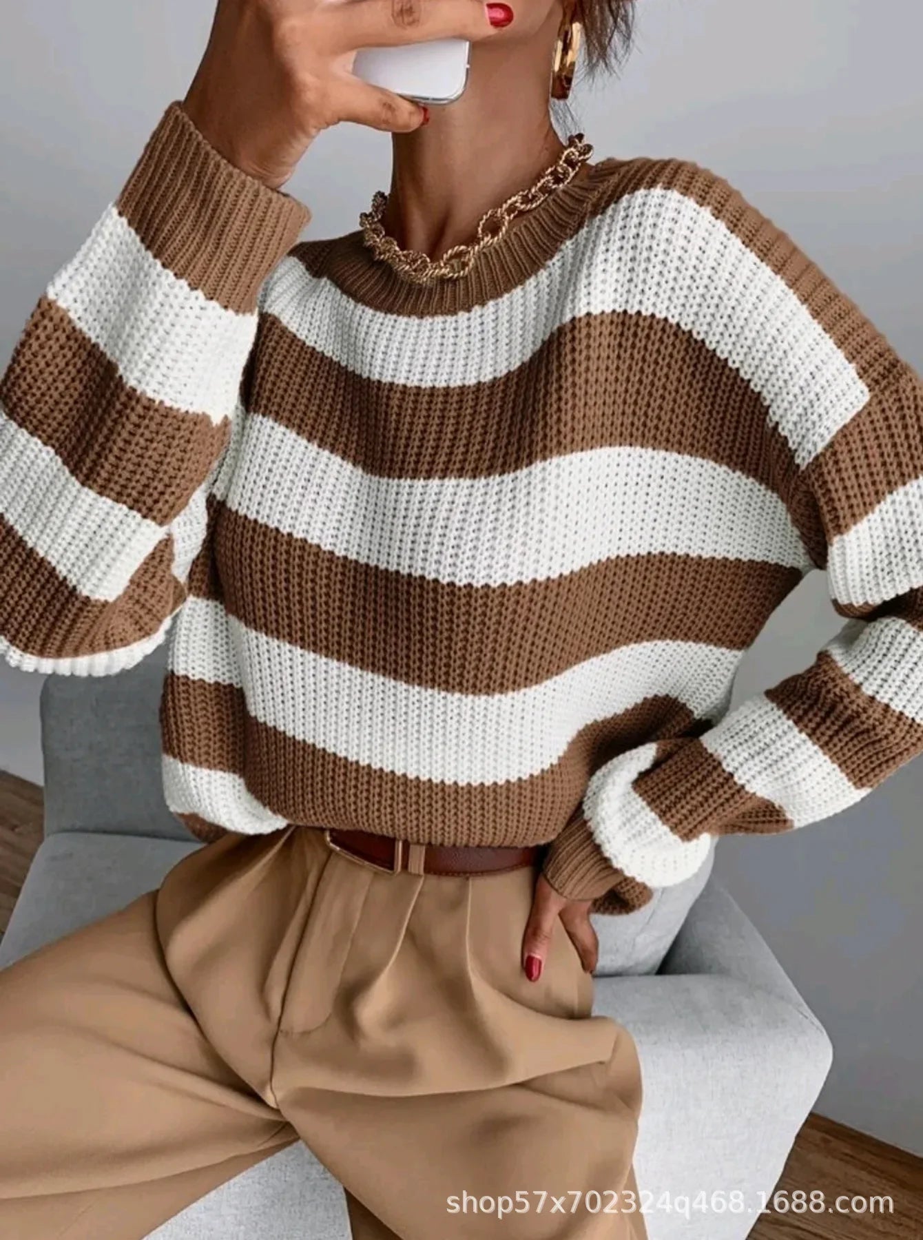 Pull Femme Loose Raye Manches Longues Tricot Epais 2 Coloris | MDN Store
