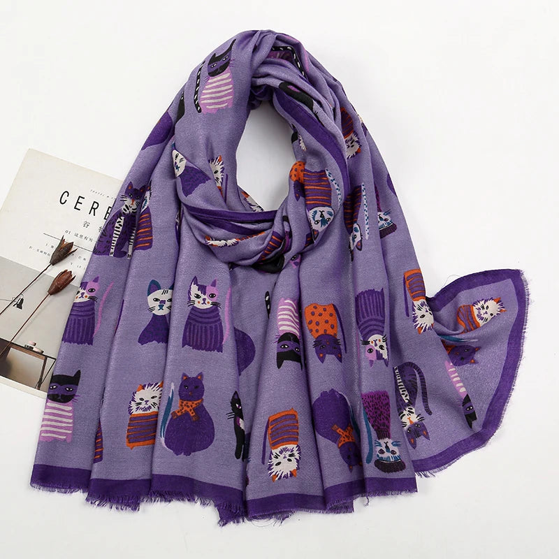 Écharpe Longue Viscose Chat Cartoon Coloré Femme | MDN Store