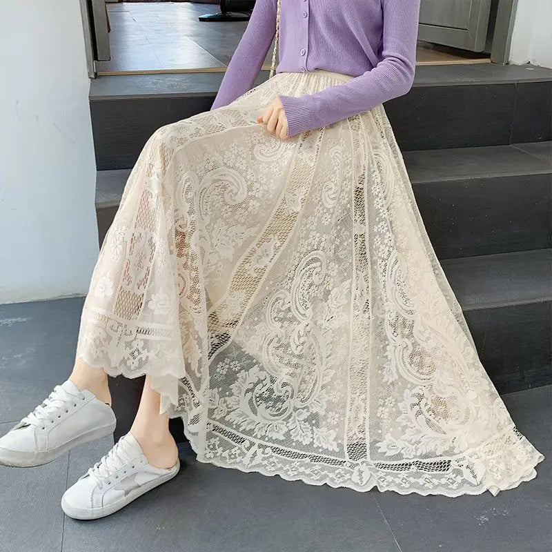 Jupe Longue Dentelle Plissée Taille Haute | MDN Store
