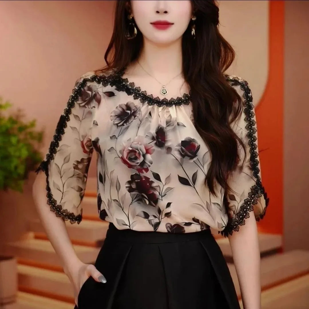 Top Dentelle Manches Courtes Floral Rose | MDN Store