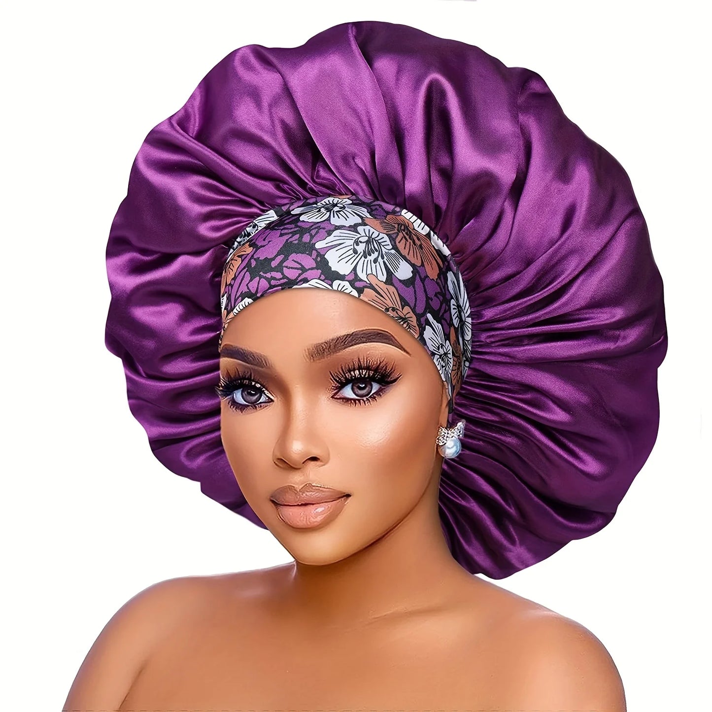 Bonnet Nuit Satin Fleurs Imprimées - Bonnet Sommeil Femme Bord Large Élastique | MDN