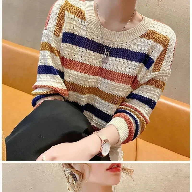 Pull Femme Raye Ajoure Court Ample Fit Manches Chauve-Souris 3 Coloris | MDN Store
