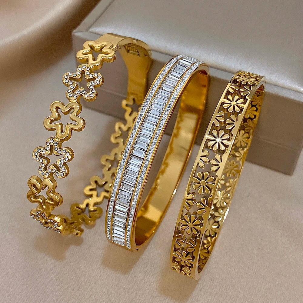 Bracelet Manchette Fleur Strass Acier Inoxydable Retro Femme | MDN Store