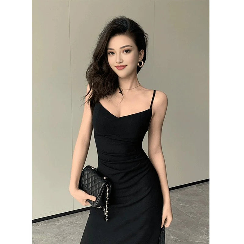 Robe Midi Femme Noire Dos Nu Bretelles Col V Soirée | MDN Store