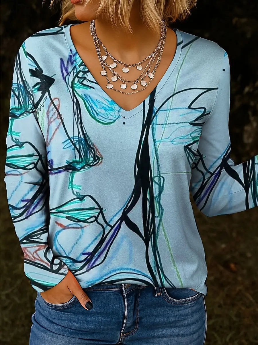 T-Shirt Femme Col V Manches Longues Imprimé Floral Automne Hiver | MDN