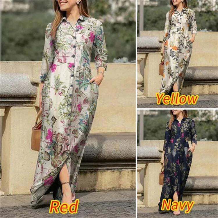 Robe Longue Imprimee Col Chemise Boutonnee Élégante | MDN Store
