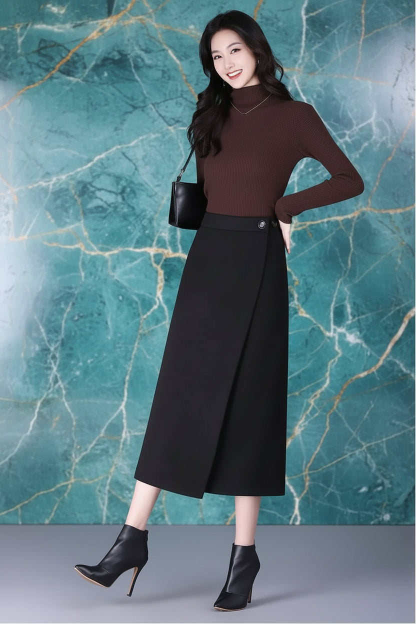 Jupe Droite Fendue en Laine Élégante Automne-Hiver | MDN Store