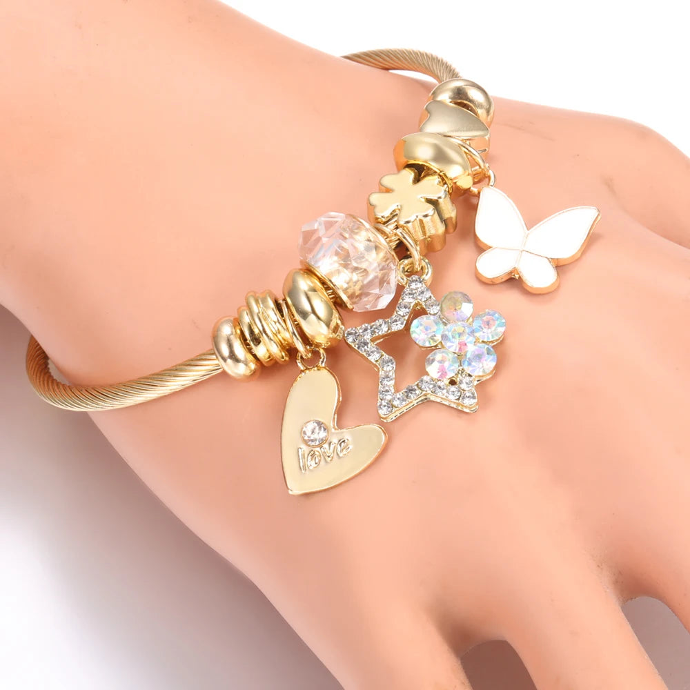 Bracelet Femme Acier Inoxydable Doré Fleurs Strass 4 Couleurs | MDN Store