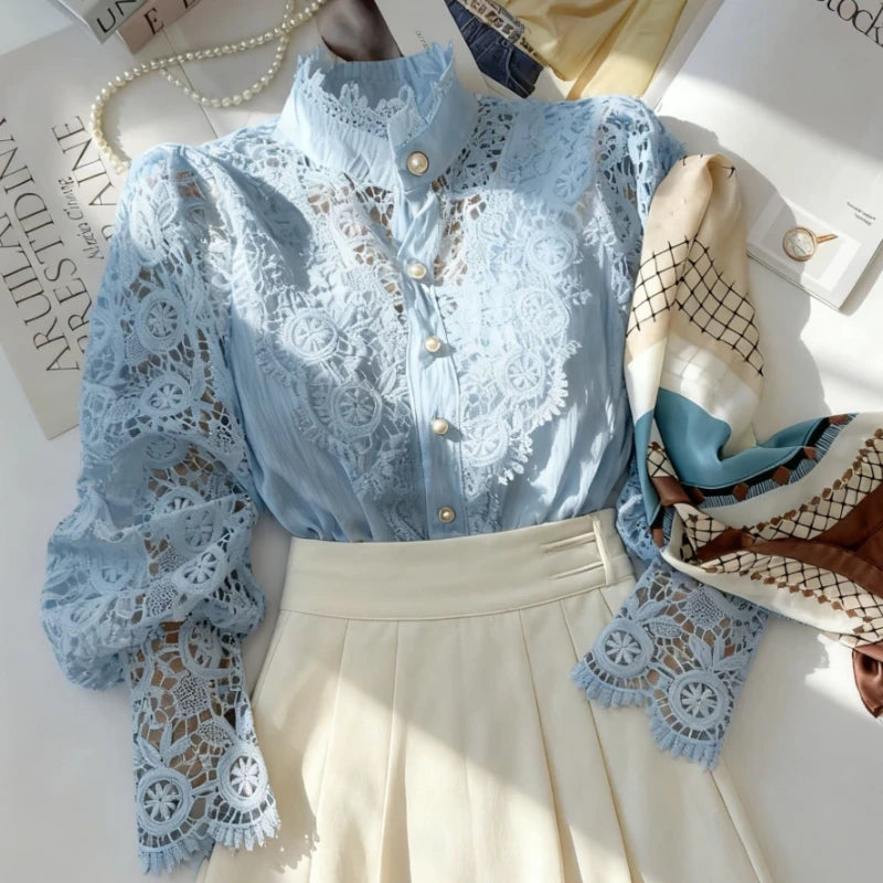 Blouse Femme Col Haut Manches Longues Dentelle | MDN Store