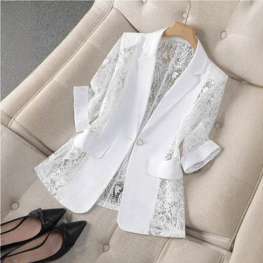 Veste Blanche Dentelle Col Polo | MDN