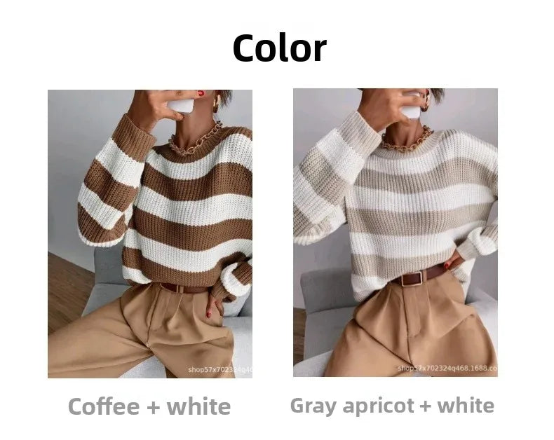 Pull Femme Loose Raye Manches Longues Tricot Epais 2 Coloris | MDN Store