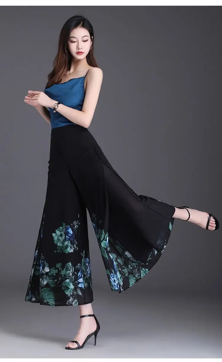 Pantalon Grande Femme Mousseline Floral Noir Jaune | MDN Store