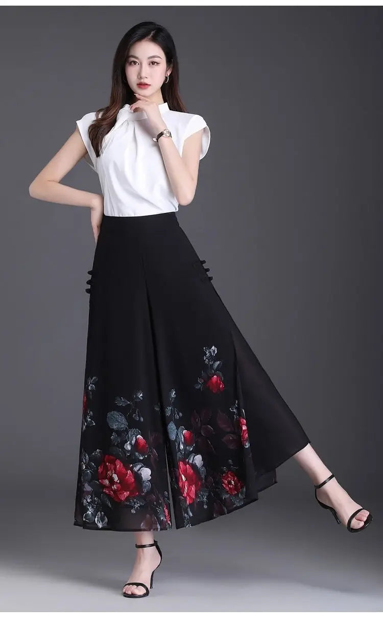 Pantalon Grande Femme Mousseline Floral Noir Jaune | MDN Store