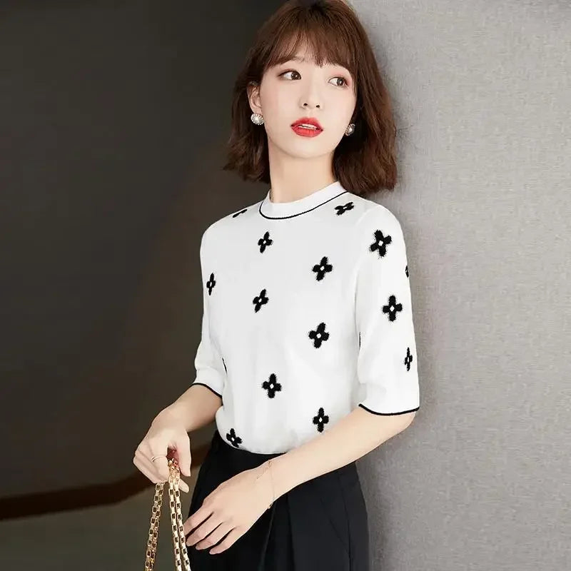 Pull Femme Brodé Fleurs Manche Courte Été Élégant - MDN