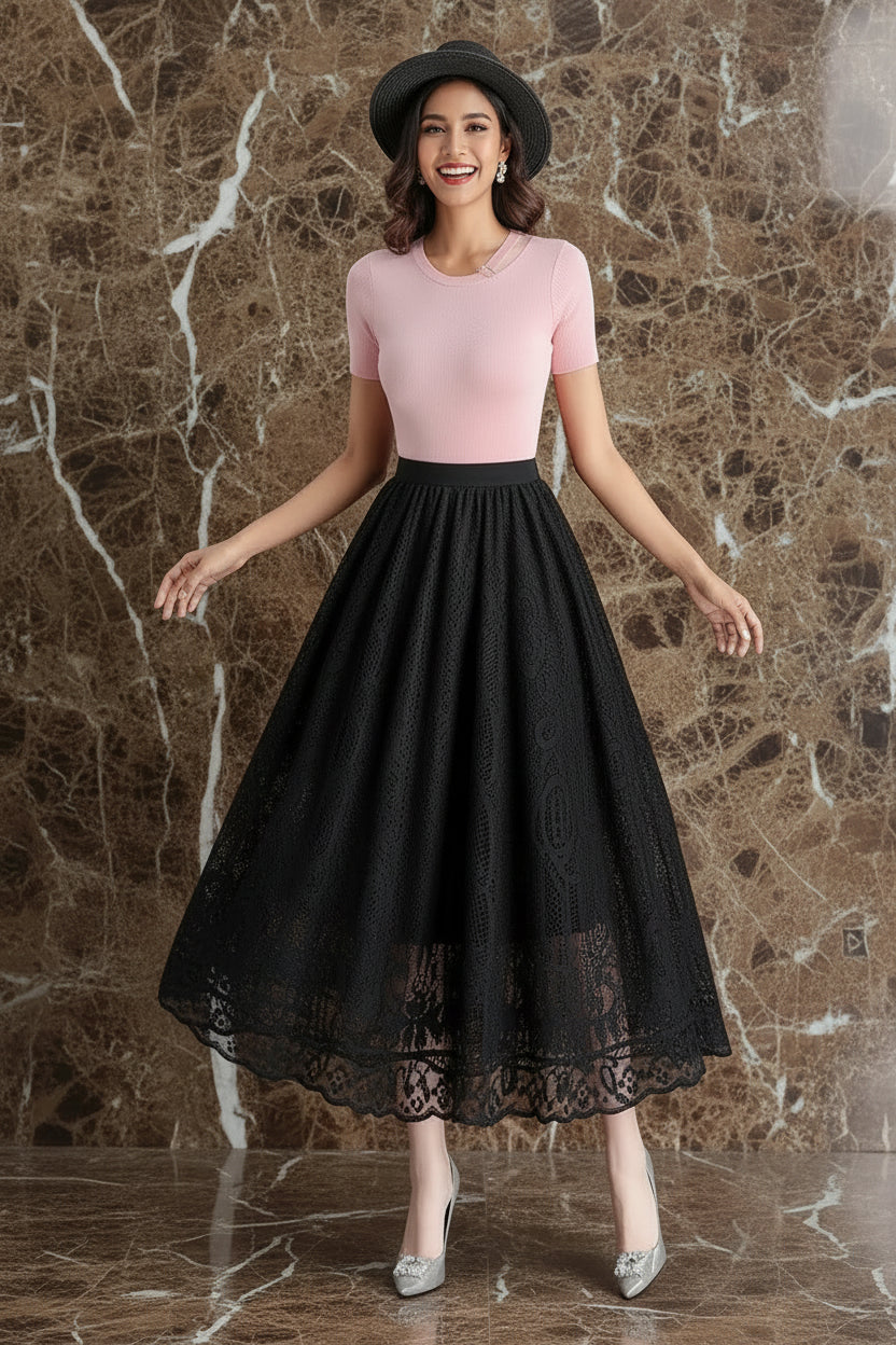 Jupe Longue Dentelle Plissée Taille Haute | MDN Store