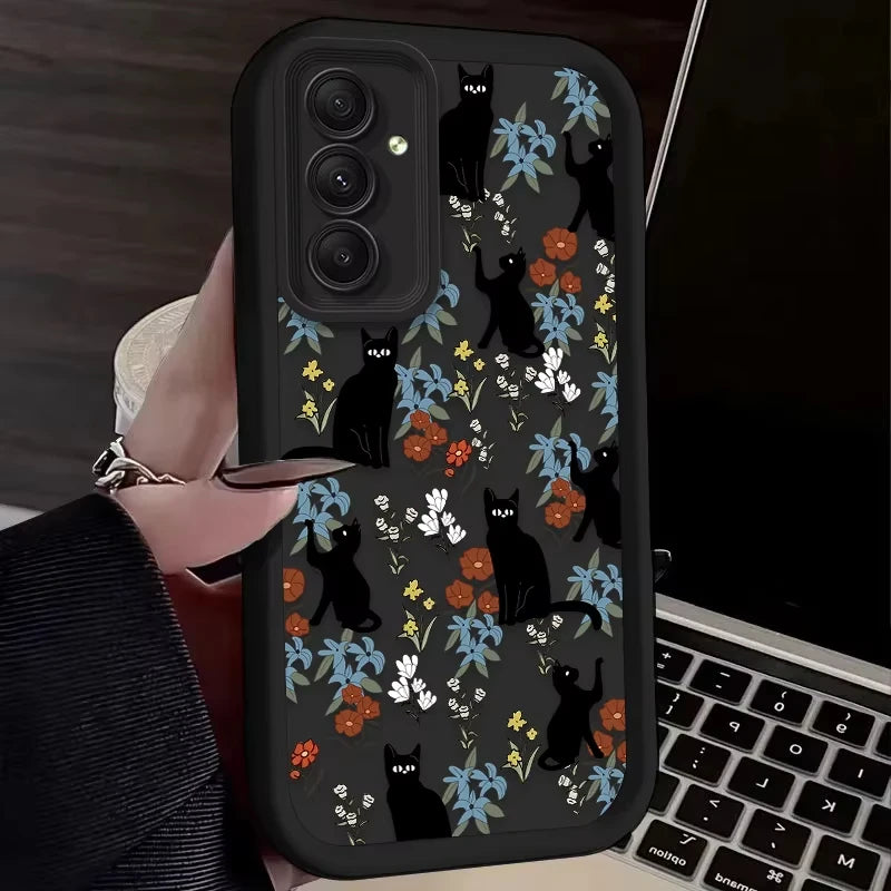 Coque Samsung Chat Noir Fleur Artistique - S24 S23 S22 A55 A54 | MDN