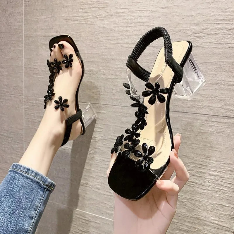 Sandales d'été en PVC Décoration Florale Talon Epais | MDN Store 25
