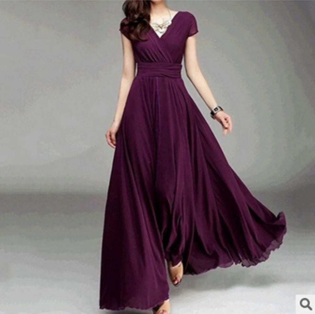 Robe Longue Femme Mousseline Manches Courtes Soiree Élégante | MDN Store