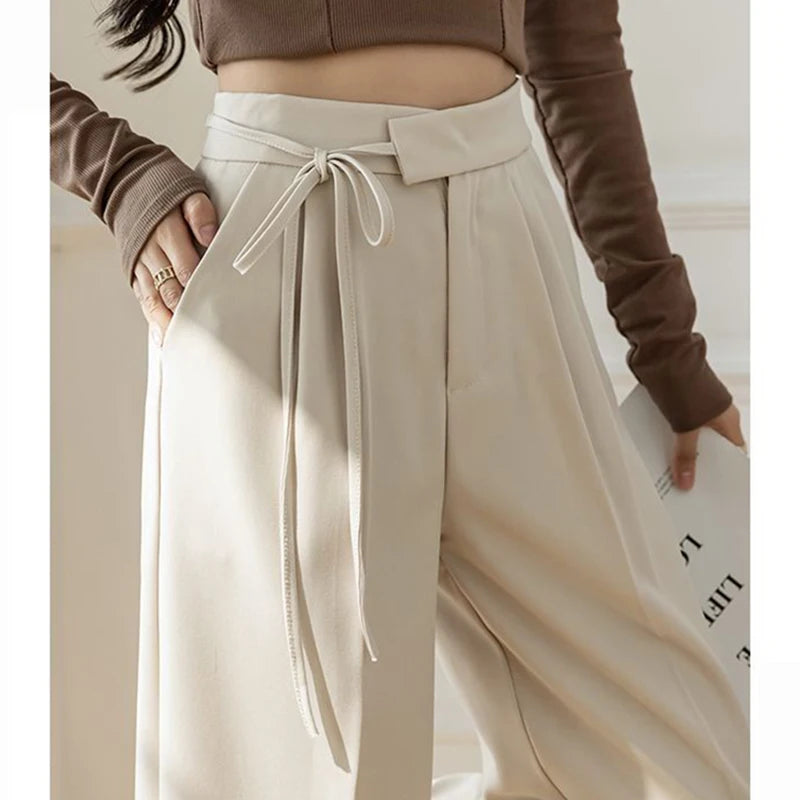 Pantalon Femme Taille Haute Lacets - Jambe Droite Costume Bureau Chic Kaki | MDN Store