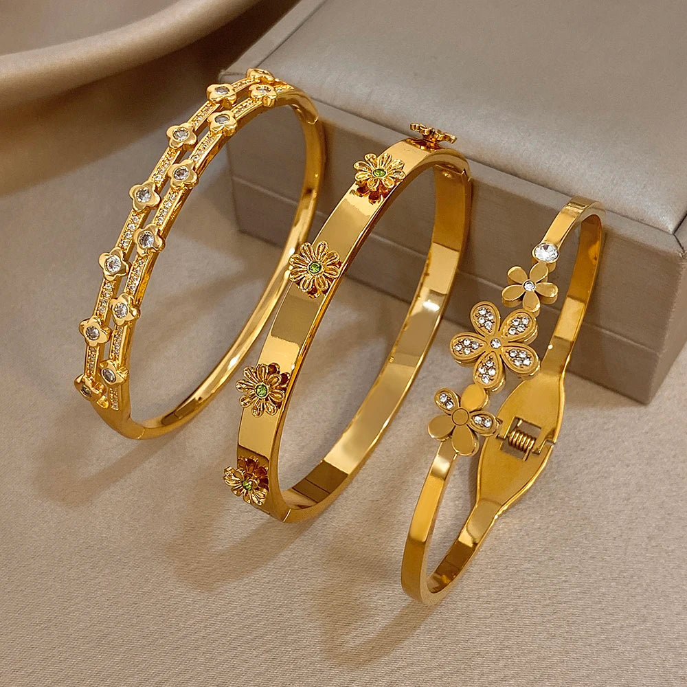 Bracelet Manchette Femme Homme Acier Inoxydable Strass Fleurs | MDN Store
