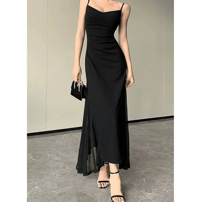 Robe Midi Femme Noire Dos Nu Bretelles Col V Soirée | MDN Store